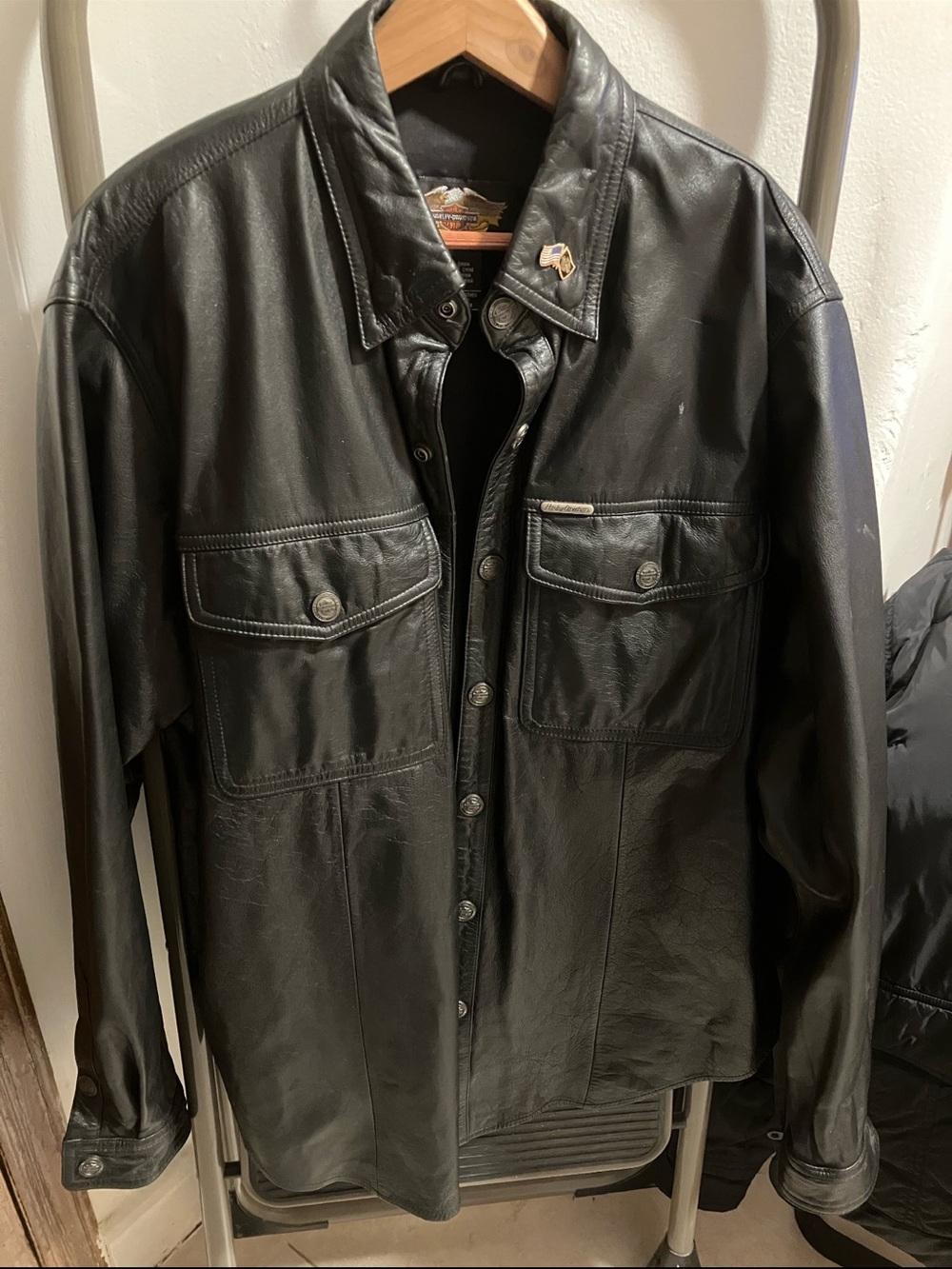 Men's Black Leather Button-Front Jacket